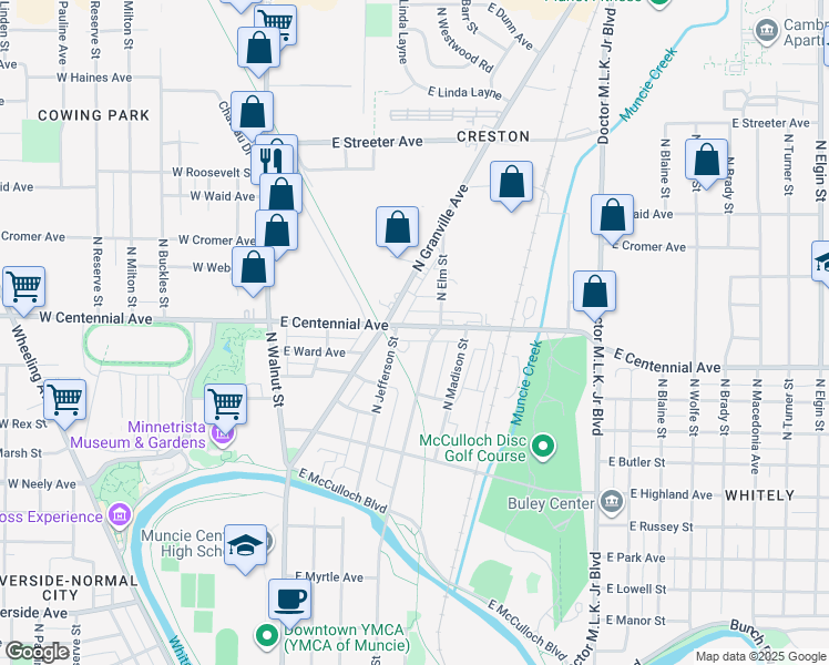 map of restaurants, bars, coffee shops, grocery stores, and more near 512 East Centennial Avenue in Muncie