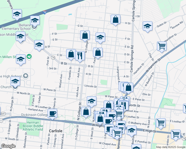 map of restaurants, bars, coffee shops, grocery stores, and more near 299 A Street in Carlisle