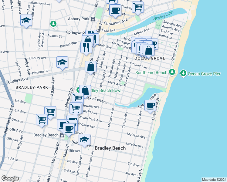 map of restaurants, bars, coffee shops, grocery stores, and more near 99 Stockton Avenue in Neptune Township