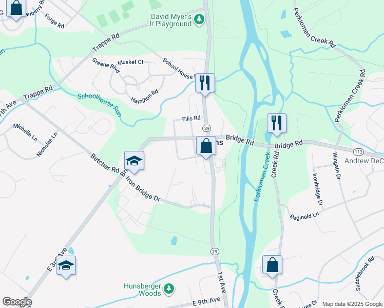 map of restaurants, bars, coffee shops, grocery stores, and more near 107 Centennial Street in Collegeville