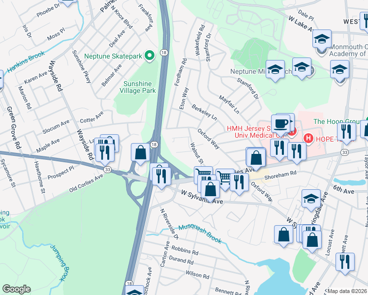 map of restaurants, bars, coffee shops, grocery stores, and more near 113 Walnut Street in Neptune