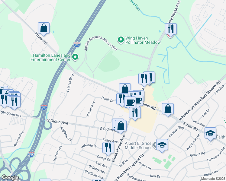 map of restaurants, bars, coffee shops, grocery stores, and more near 1476 Kuser Road in Hamilton Township