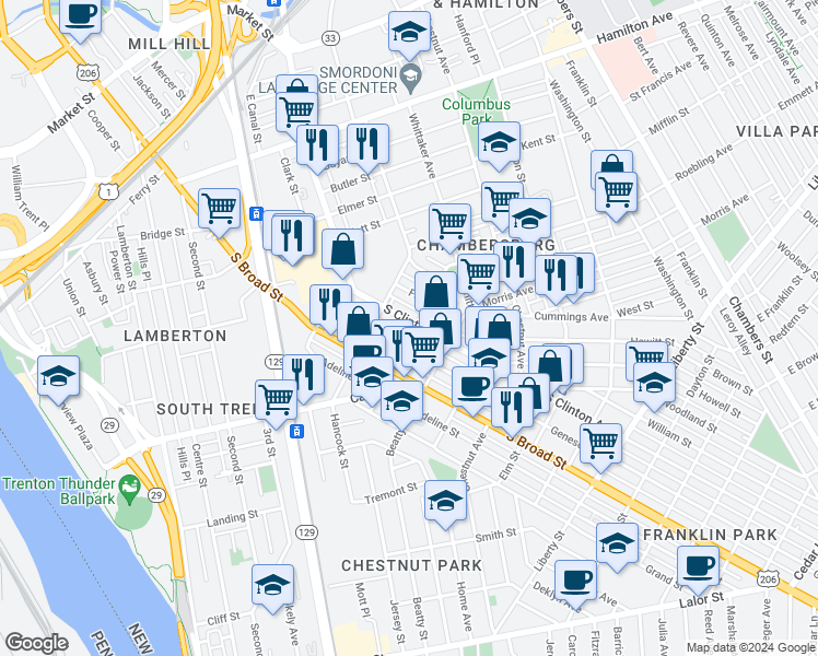 map of restaurants, bars, coffee shops, grocery stores, and more near 206 Roebling Avenue in Trenton