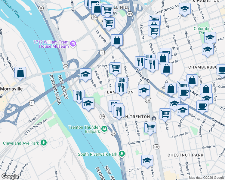 map of restaurants, bars, coffee shops, grocery stores, and more near 63 Hills Place in Trenton