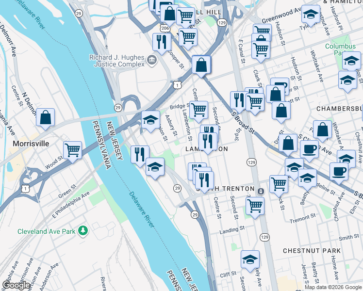 map of restaurants, bars, coffee shops, grocery stores, and more near 100 Asbury Street in Trenton
