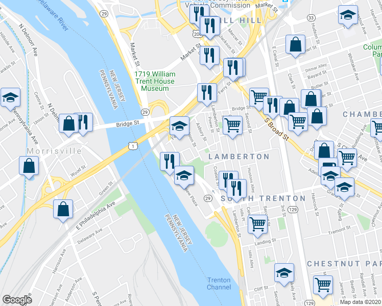 map of restaurants, bars, coffee shops, grocery stores, and more near 12 Iron Works Way in Trenton