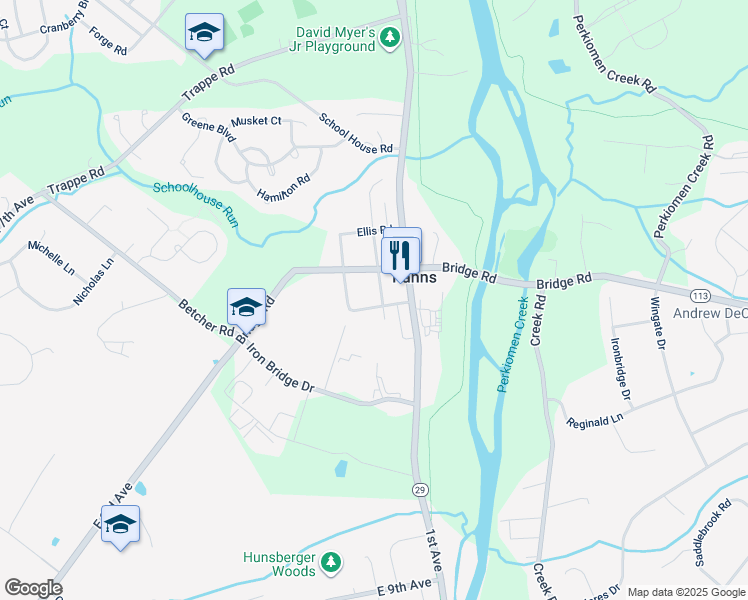 map of restaurants, bars, coffee shops, grocery stores, and more near 107 Centennial Street in Collegeville