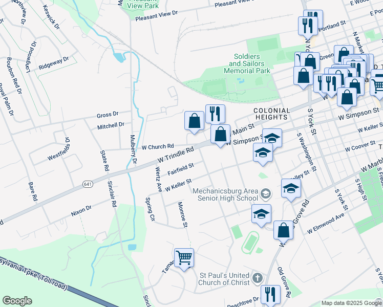 map of restaurants, bars, coffee shops, grocery stores, and more near 808 West Trindle Road in Mechanicsburg