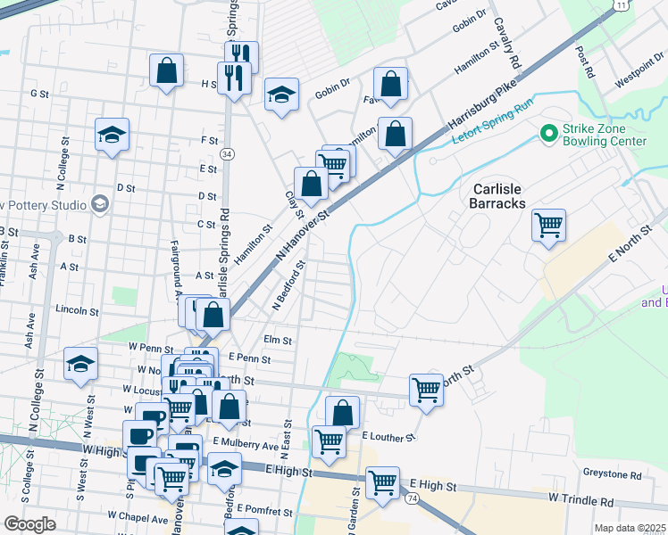 map of restaurants, bars, coffee shops, grocery stores, and more near in Carlisle