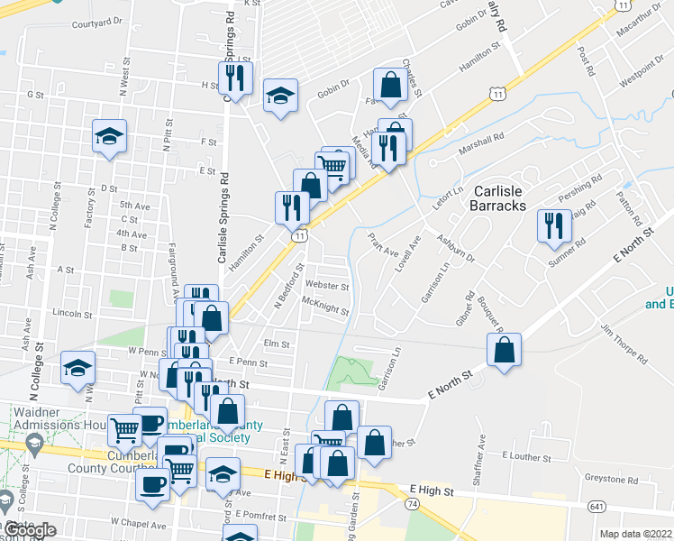 map of restaurants, bars, coffee shops, grocery stores, and more near 260 Henderson Street in Carlisle