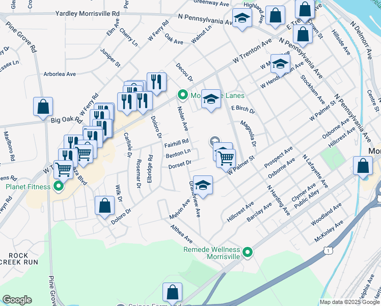 map of restaurants, bars, coffee shops, grocery stores, and more near 615 Benton Ln in Morrisville