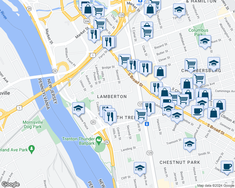 map of restaurants, bars, coffee shops, grocery stores, and more near 420 Federal Street in Trenton