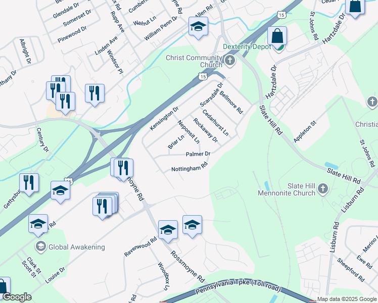 map of restaurants, bars, coffee shops, grocery stores, and more near 23 Palmer Drive in Camp Hill