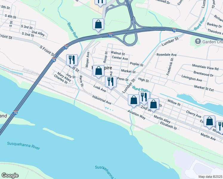 map of restaurants, bars, coffee shops, grocery stores, and more near 251 2nd Street in Highspire