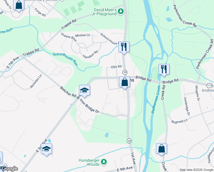 map of restaurants, bars, coffee shops, grocery stores, and more near 181 Oak Street in Collegeville