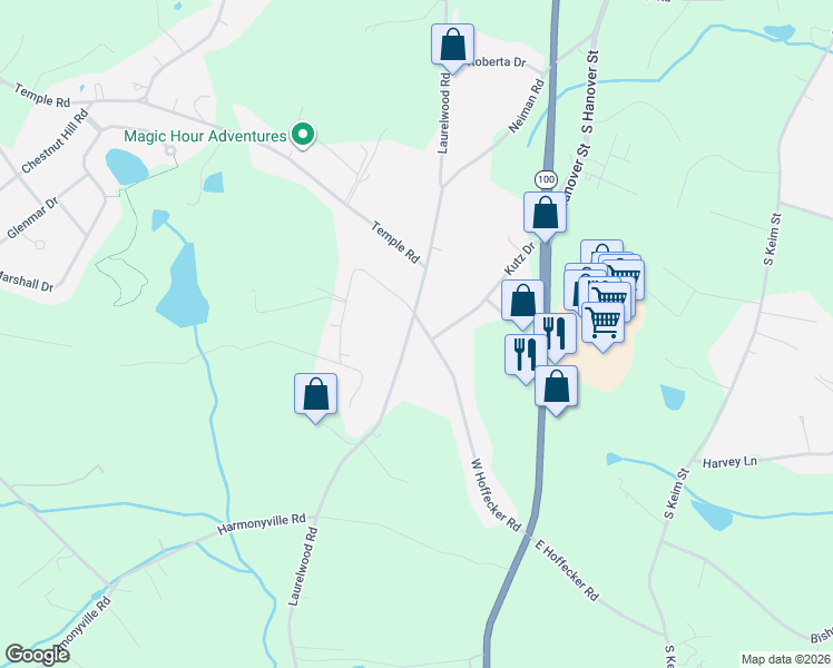 map of restaurants, bars, coffee shops, grocery stores, and more near 1421 Kutz Drive in Pottstown