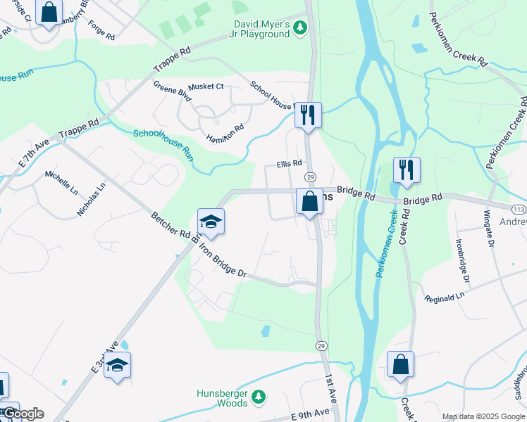 map of restaurants, bars, coffee shops, grocery stores, and more near 105 Oak Street in Collegeville