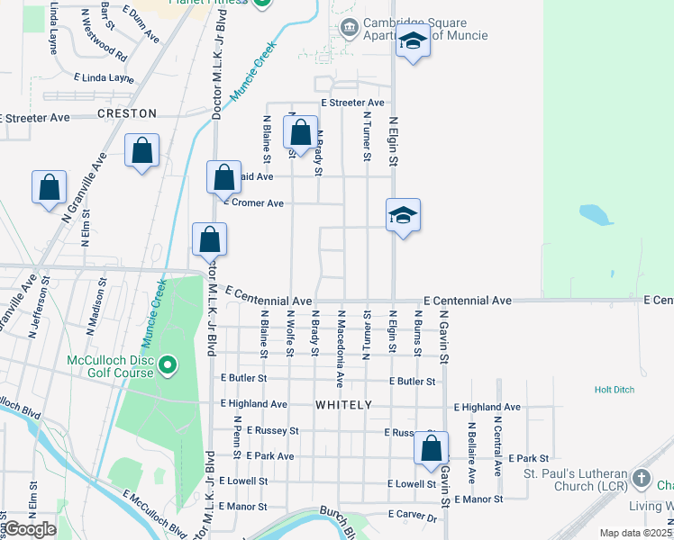 map of restaurants, bars, coffee shops, grocery stores, and more near 1705 North Macedonia Avenue in Muncie
