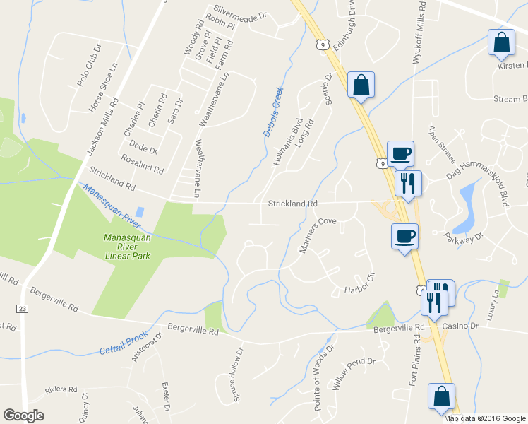 map of restaurants, bars, coffee shops, grocery stores, and more near 41 Strickland Road in Freehold