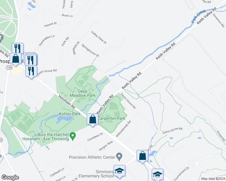 map of restaurants, bars, coffee shops, grocery stores, and more near 1001 Davis Grove Road in Horsham