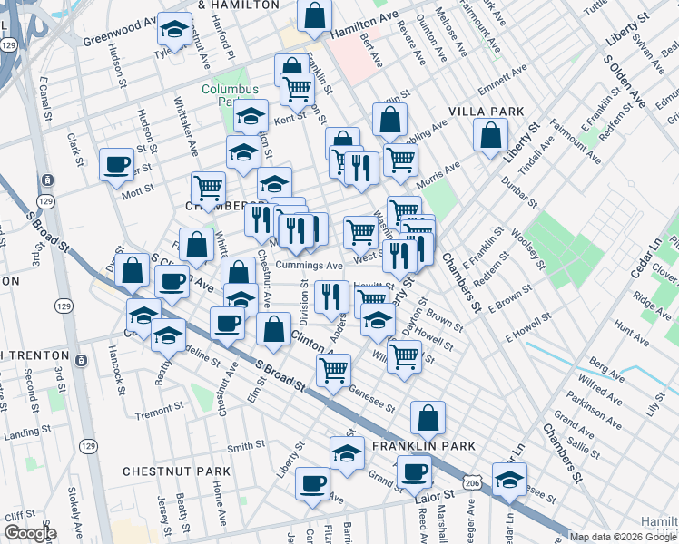map of restaurants, bars, coffee shops, grocery stores, and more near 270 Cummings Avenue in Trenton