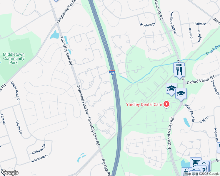 map of restaurants, bars, coffee shops, grocery stores, and more near 2901 Lynbrooke Drive in Yardley