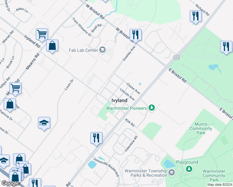 map of restaurants, bars, coffee shops, grocery stores, and more near 89 Gough Avenue in Ivyland