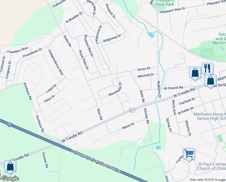 map of restaurants, bars, coffee shops, grocery stores, and more near 19 Westfields Drive in Mechanicsburg