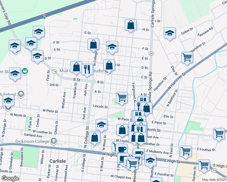 map of restaurants, bars, coffee shops, grocery stores, and more near 520 North West Street in Carlisle