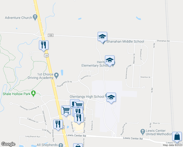 map of restaurants, bars, coffee shops, grocery stores, and more near 5987 Bluestone Way in Lewis Center