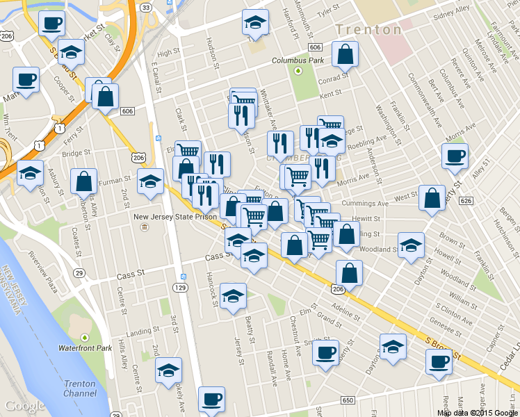map of restaurants, bars, coffee shops, grocery stores, and more near S Clinton Ave & Roebling Ave in Trenton