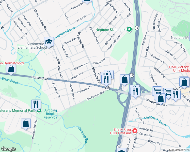 map of restaurants, bars, coffee shops, grocery stores, and more near 229 Laurel Place in Neptune City