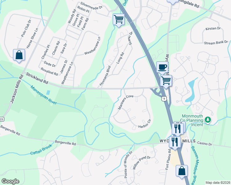 map of restaurants, bars, coffee shops, grocery stores, and more near 44 Strickland Road in Freehold Township