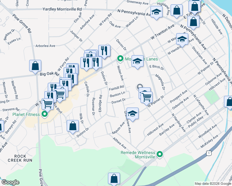 map of restaurants, bars, coffee shops, grocery stores, and more near 612 Fairhill Road in Morrisville