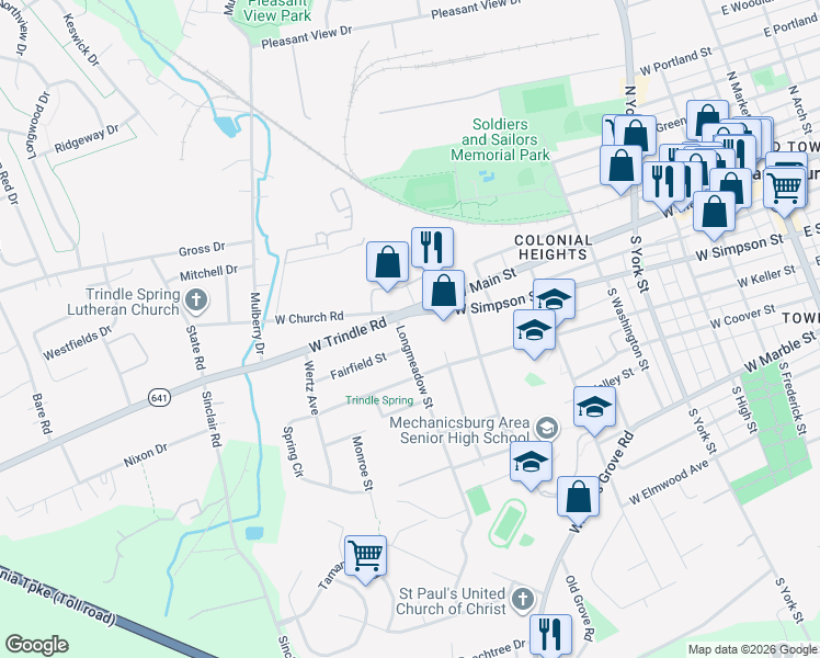 map of restaurants, bars, coffee shops, grocery stores, and more near 705 West Simpson Street in Mechanicsburg