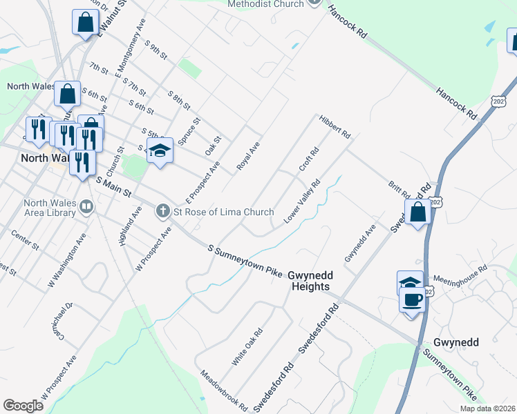 map of restaurants, bars, coffee shops, grocery stores, and more near 216 Upper Valley Road in North Wales