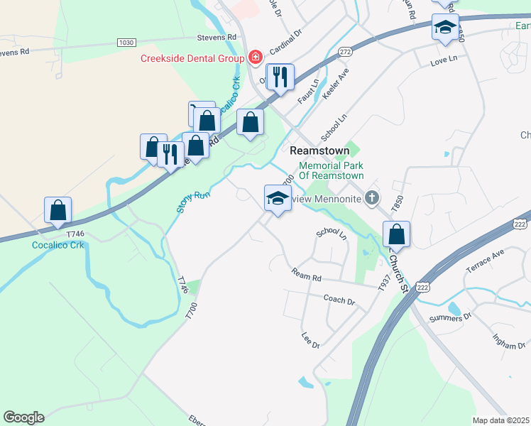 map of restaurants, bars, coffee shops, grocery stores, and more near 44 South Reamstown Road in Stevens