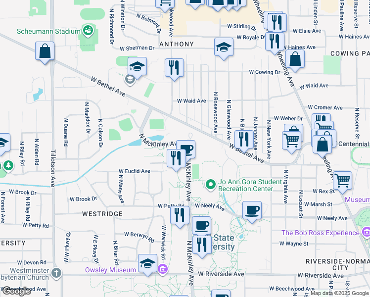 map of restaurants, bars, coffee shops, grocery stores, and more near 1635 North McKinley Avenue in Muncie