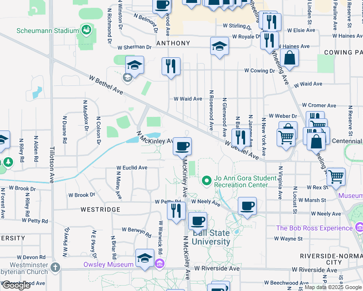 map of restaurants, bars, coffee shops, grocery stores, and more near 1635 North McKinley Avenue in Muncie