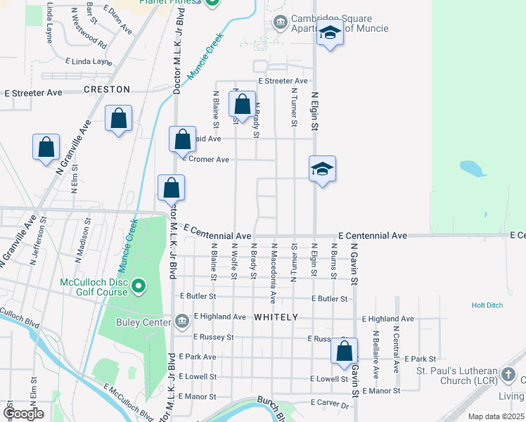 map of restaurants, bars, coffee shops, grocery stores, and more near 1704 North Brady Street in Muncie