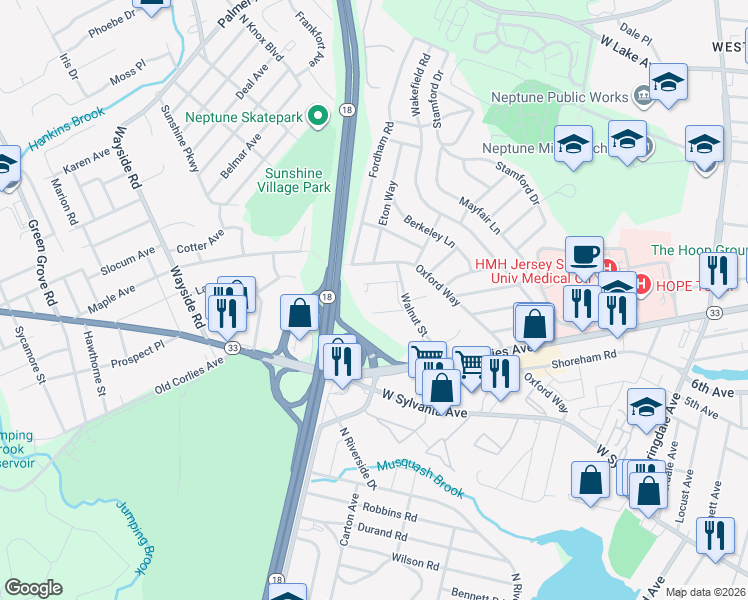 map of restaurants, bars, coffee shops, grocery stores, and more near 113 Walnut Street in Neptune City