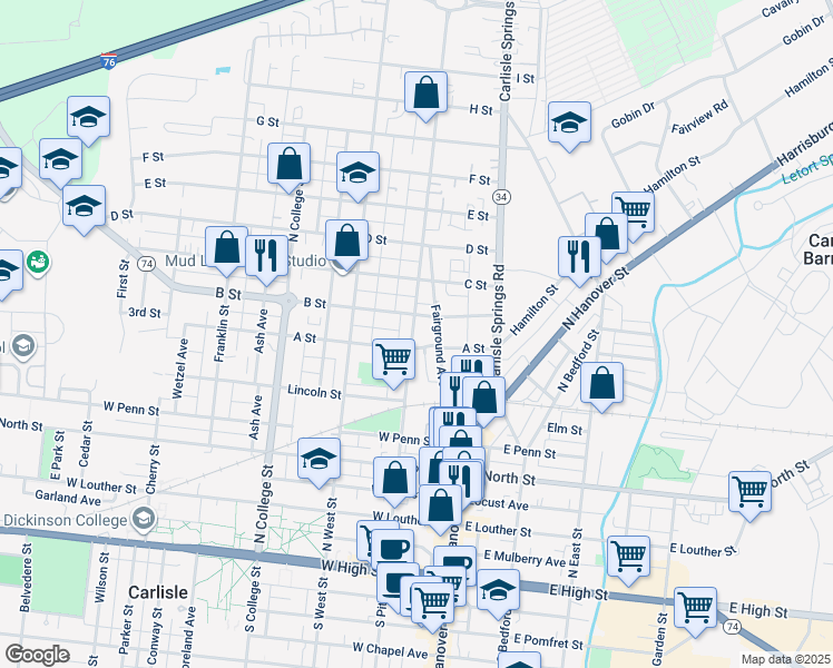 map of restaurants, bars, coffee shops, grocery stores, and more near 517 North Pitt Street in Carlisle