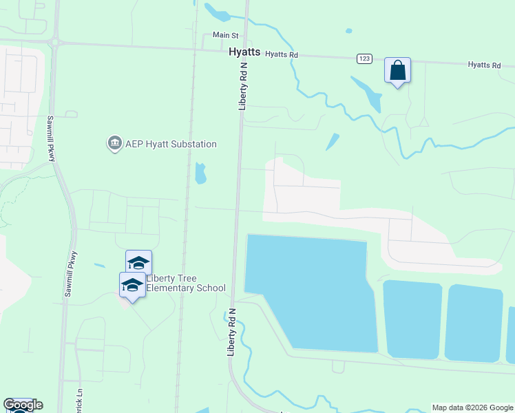 map of restaurants, bars, coffee shops, grocery stores, and more near 6445 Liberty Road in Powell