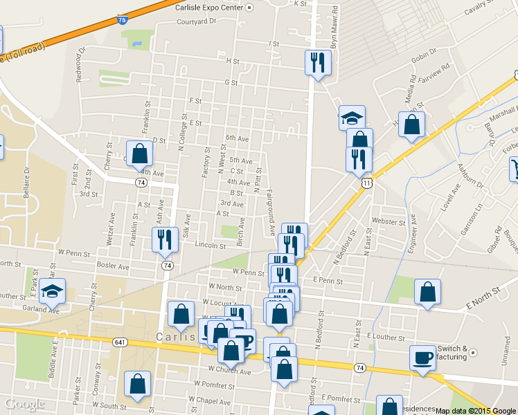 map of restaurants, bars, coffee shops, grocery stores, and more near 517 North Pitt Street in Carlisle