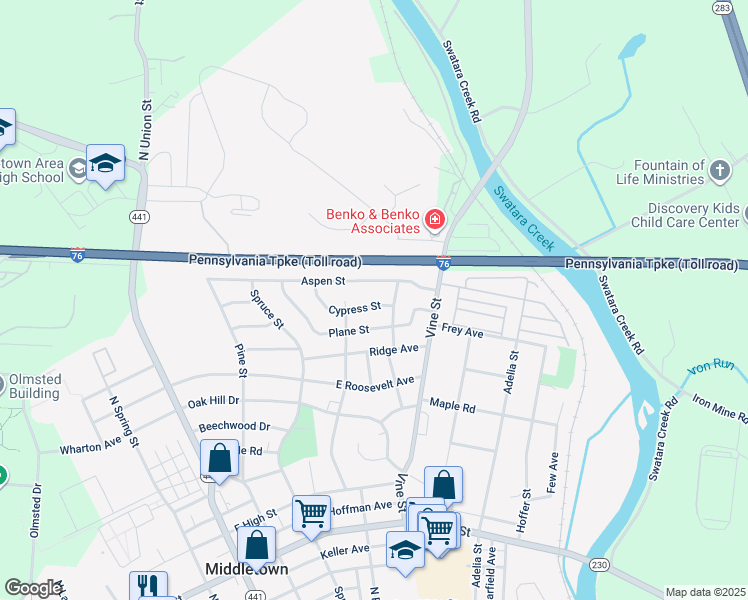 map of restaurants, bars, coffee shops, grocery stores, and more near 373 Cypress Street in Middletown