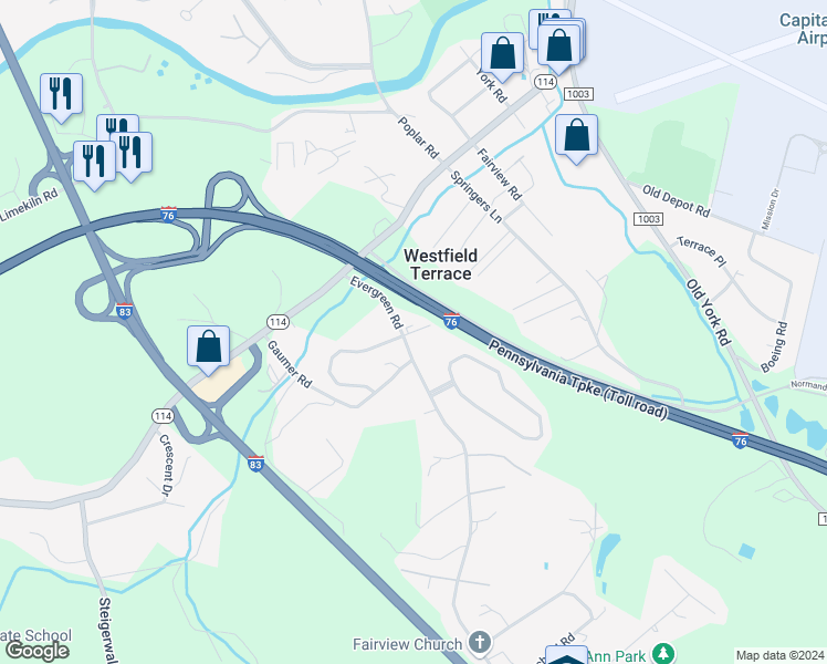 map of restaurants, bars, coffee shops, grocery stores, and more near 290 Fieldstone Court in New Cumberland