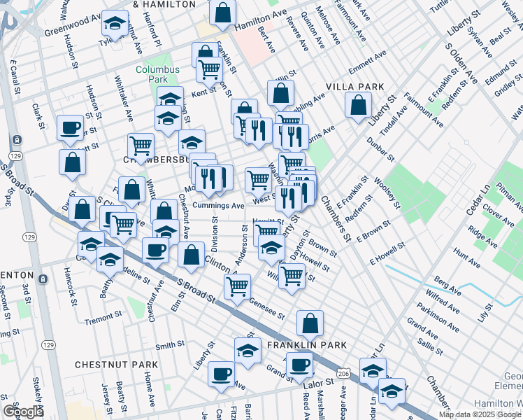 map of restaurants, bars, coffee shops, grocery stores, and more near 339 Cummings Avenue in Trenton