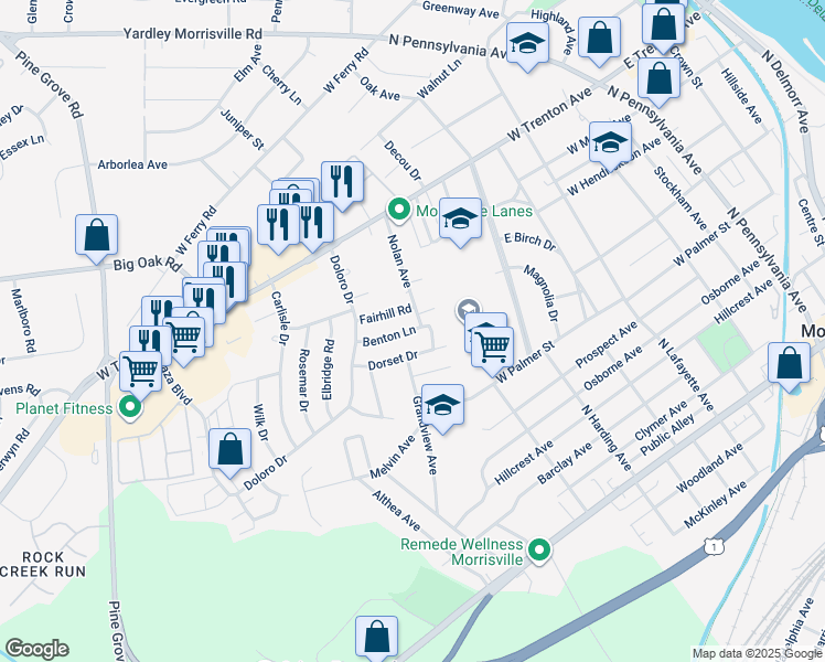 map of restaurants, bars, coffee shops, grocery stores, and more near 615 Benton Ln in Morrisville