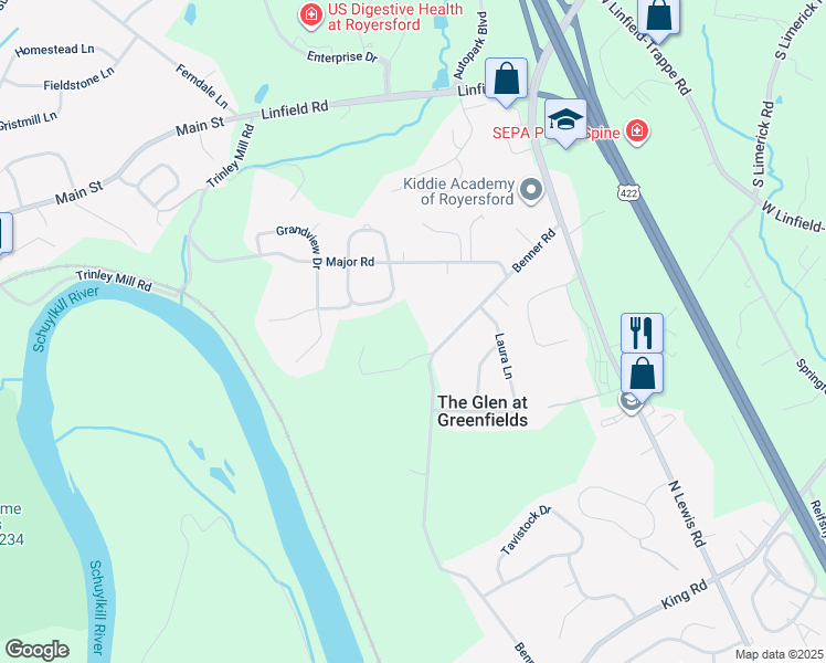 map of restaurants, bars, coffee shops, grocery stores, and more near 157 Benner Road in Royersford