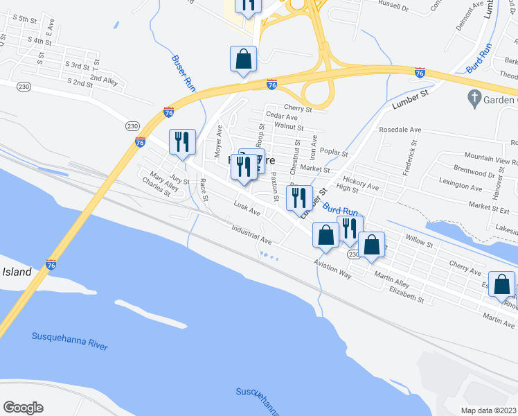 map of restaurants, bars, coffee shops, grocery stores, and more near 223 2nd Street in Highspire